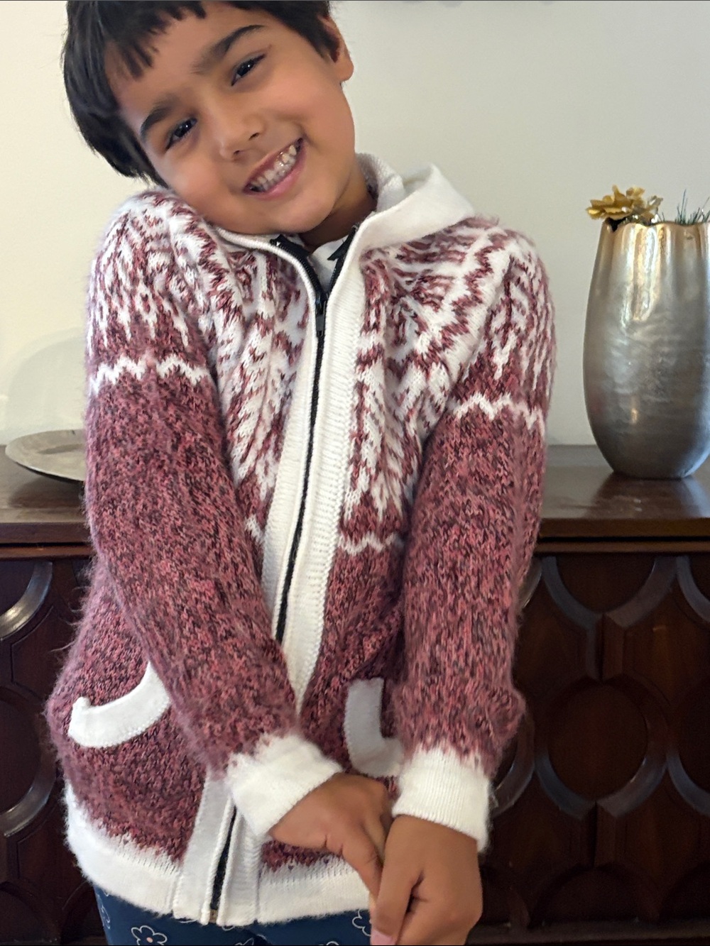 Kids Fair Isle Zip Hoodie Sweater in Dusty Rose and White